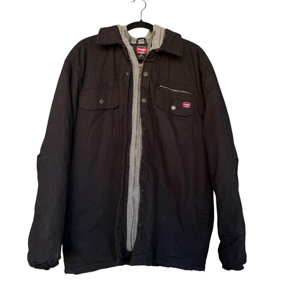 Wrangler Workwear Jacket Mens Large Black Hooded Canvas Quilted Lined Shacket - Picture 1 of 8